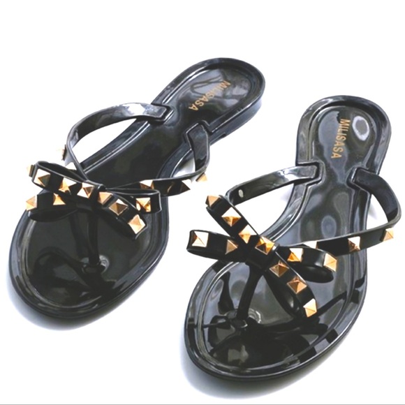 Shoes - Studded jelly padded thong slide sandals black bow 7 7.5 8.5